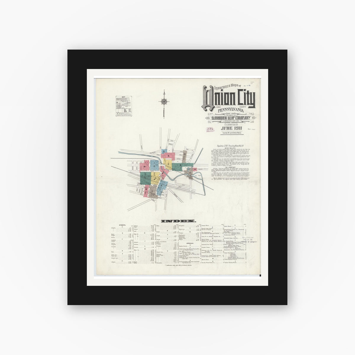 Old map wall art mockup — black gallery frame with white mat — Sanborn Fire Insurance Map from Union City, Erie County, Pennsylvania (1911) - Complete Map Set