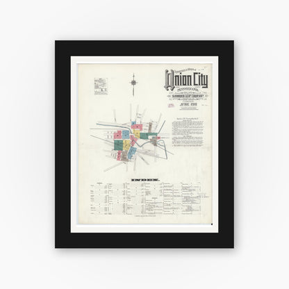 Old map wall art mockup — black gallery frame with white mat — Sanborn Fire Insurance Map from Union City, Erie County, Pennsylvania (1911) - Complete Map Set
