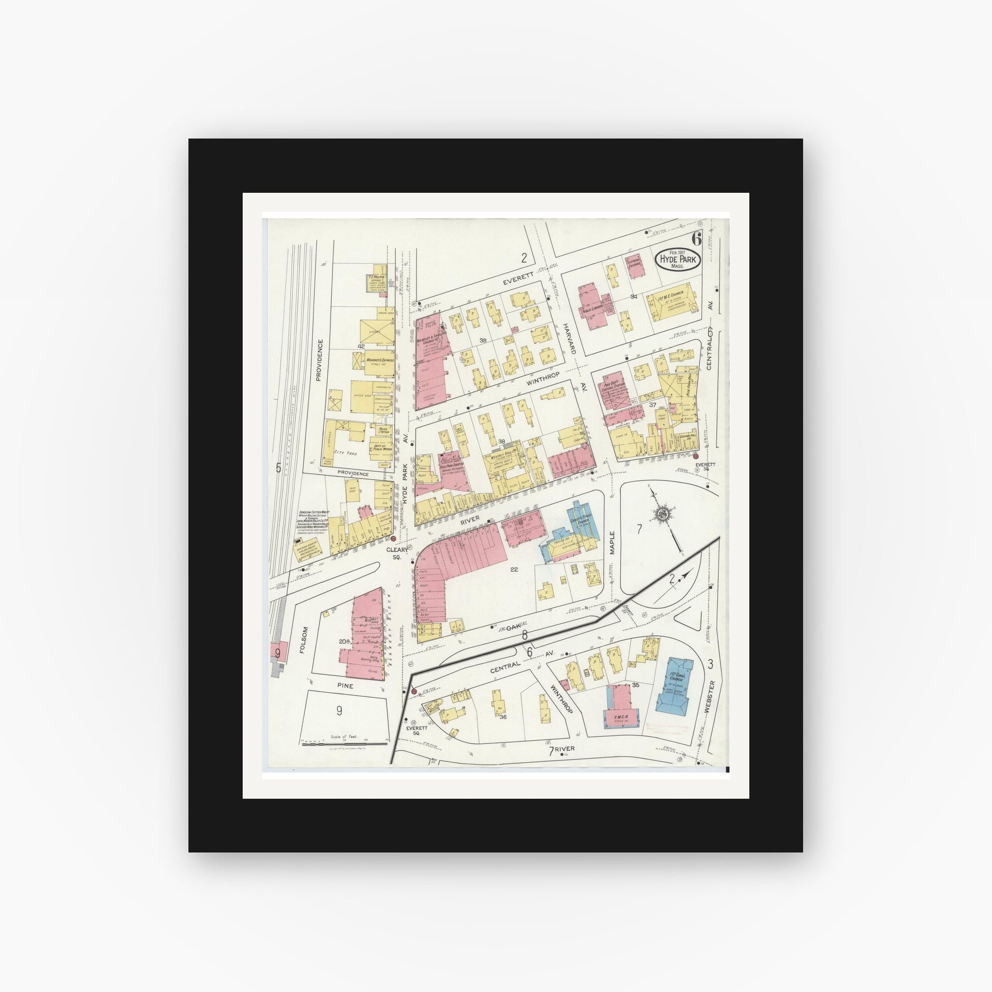 Old map wall art mockup — black gallery frame with white mat — Sanborn Fire Insurance Map from Hyde Park, Norfolk County, Massachusetts (1917), Sheet #0006