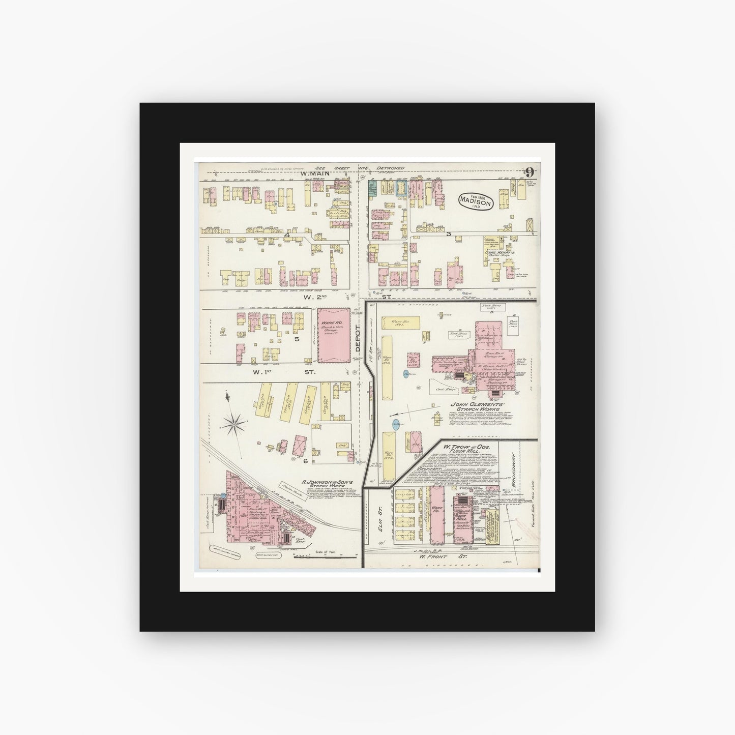 Old map wall art mockup — black gallery frame with white mat — Sanborn Fire Insurance Map from Madison, Jefferson County, Indiana (1886), Sheet #0009