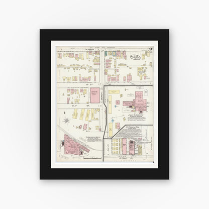 Old map wall art mockup — black gallery frame with white mat — Sanborn Fire Insurance Map from Madison, Jefferson County, Indiana (1886), Sheet #0009