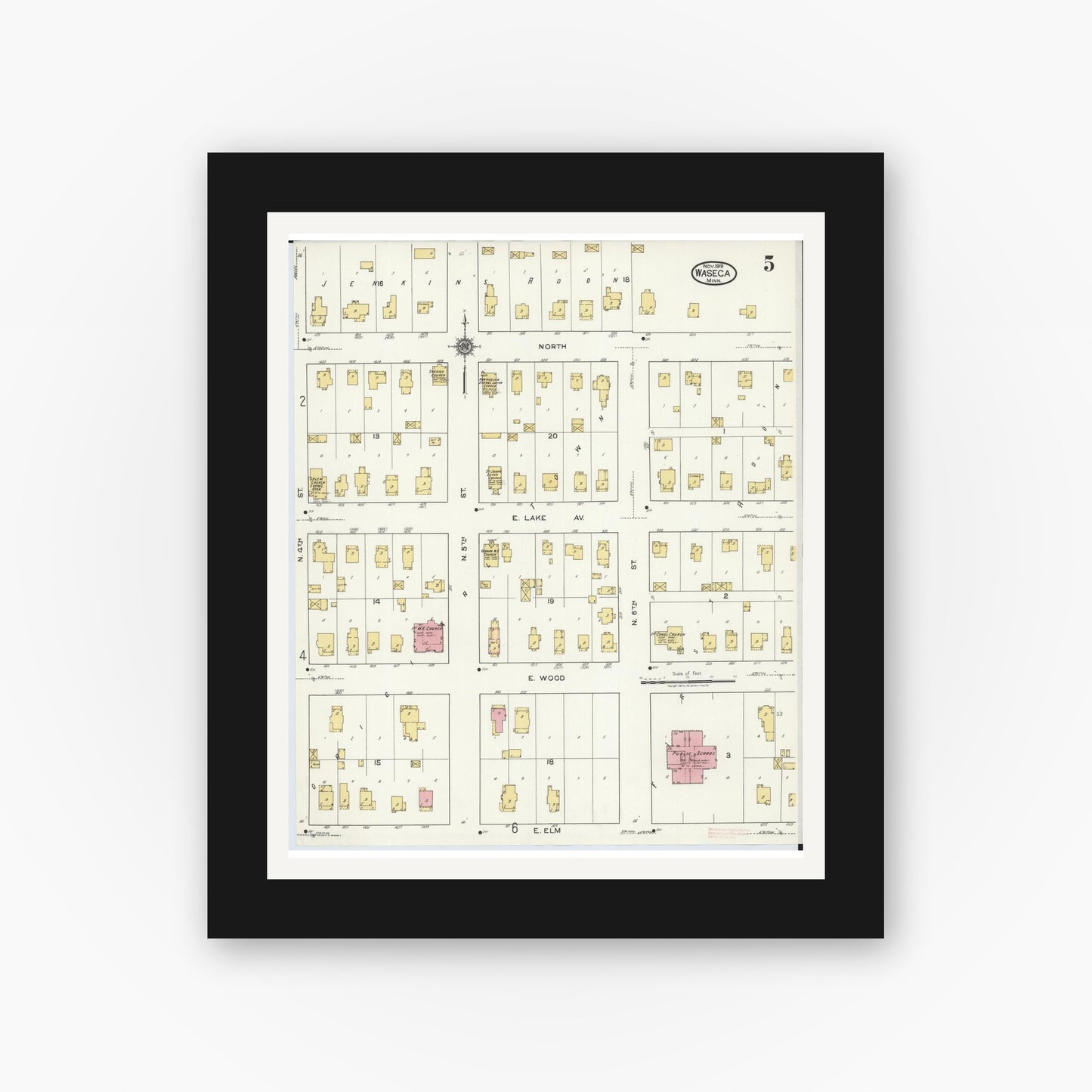 Old map wall art mockup — black gallery frame with white mat — Sanborn Fire Insurance Map from Waseca, Waseca County, Minnesota (1919), Sheet #0005