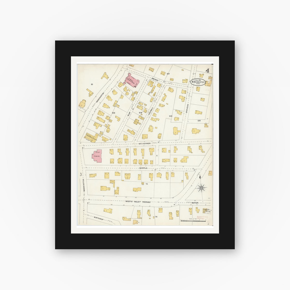 Old map wall art mockup — black gallery frame with white mat — Sanborn Fire Insurance Map from Winchester, Middlesex County, Massachusetts (1904), Sheet #0004