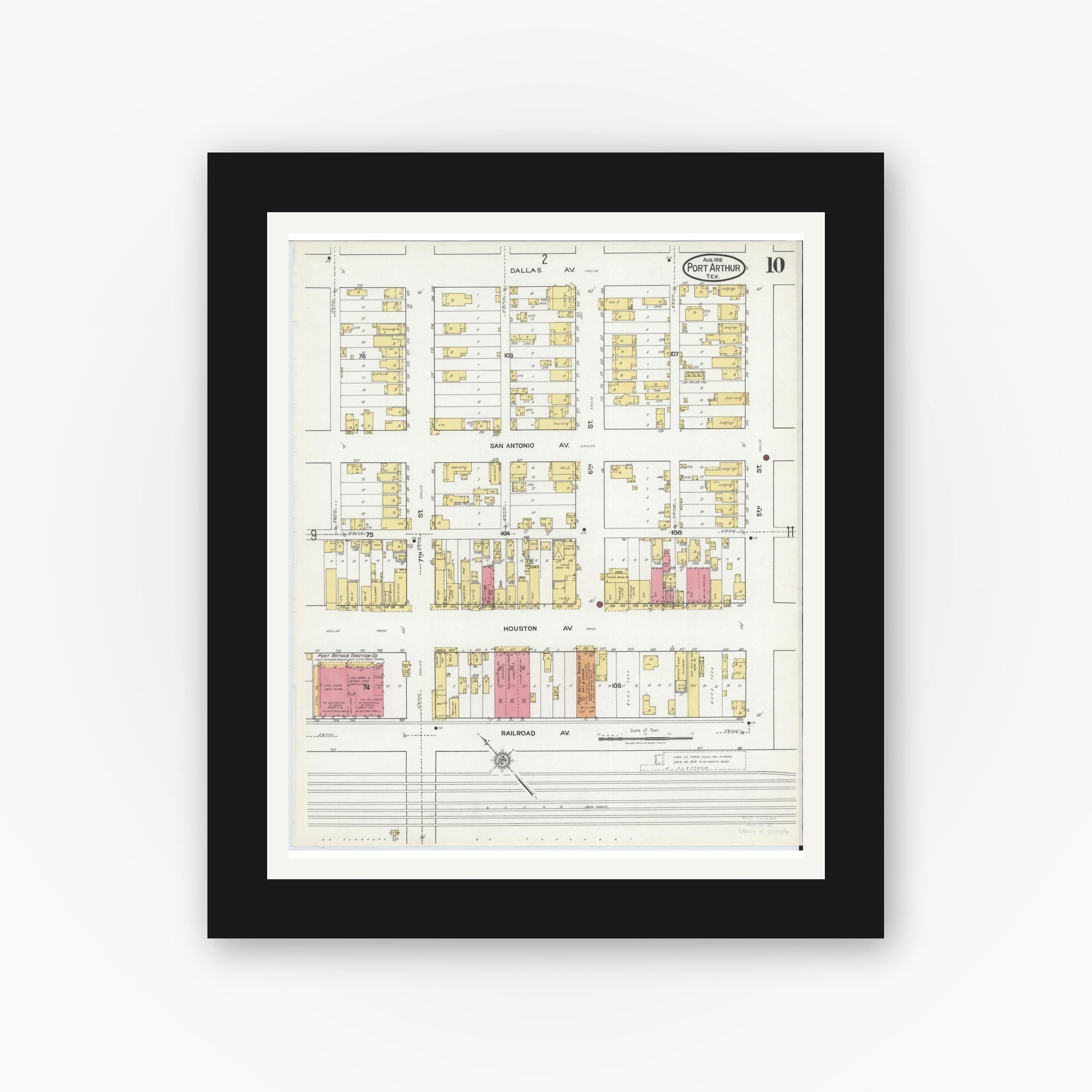 Old map wall art mockup — black gallery frame with white mat — Sanborn Fire Insurance Map from Port Arthur, Jefferson County, Texas (1918), Sheet #0010