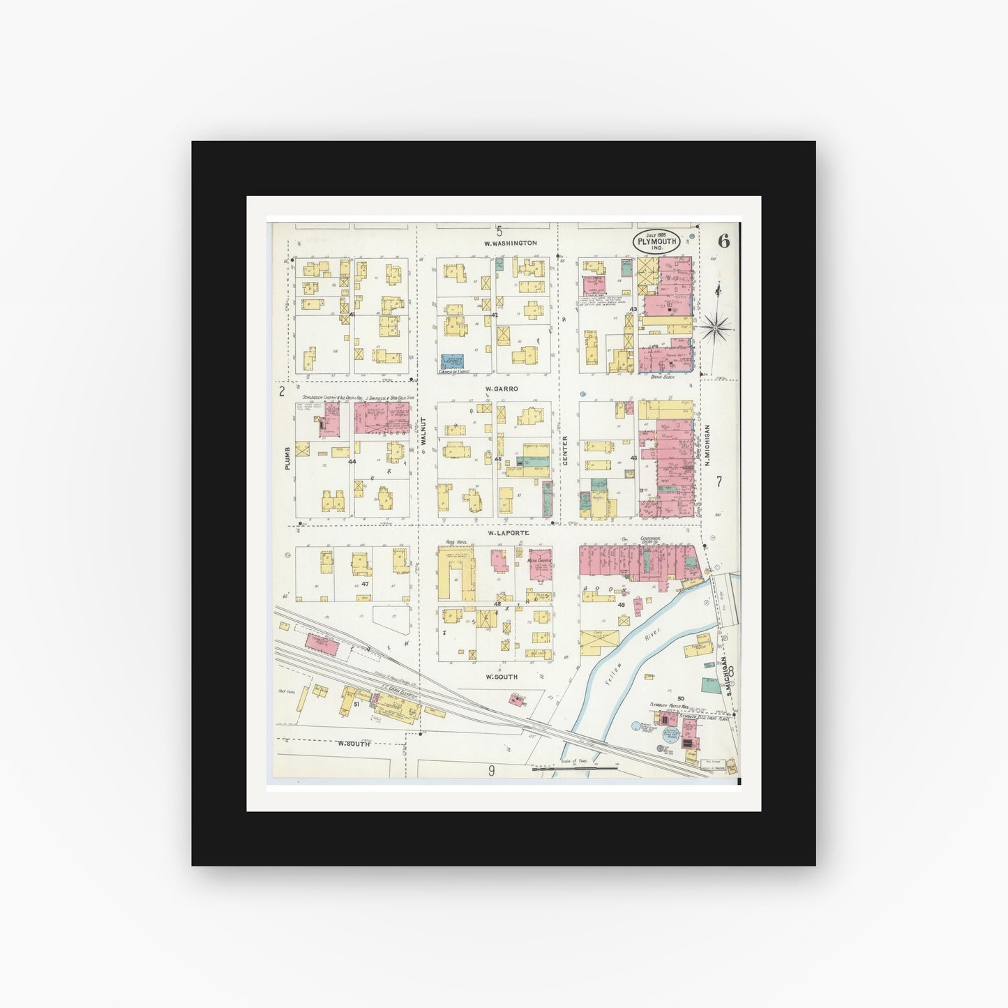 Old map wall art mockup — black gallery frame with white mat — Sanborn Fire Insurance Map from Plymouth, Marhshall County, Indiana (1905), Sheet #0006