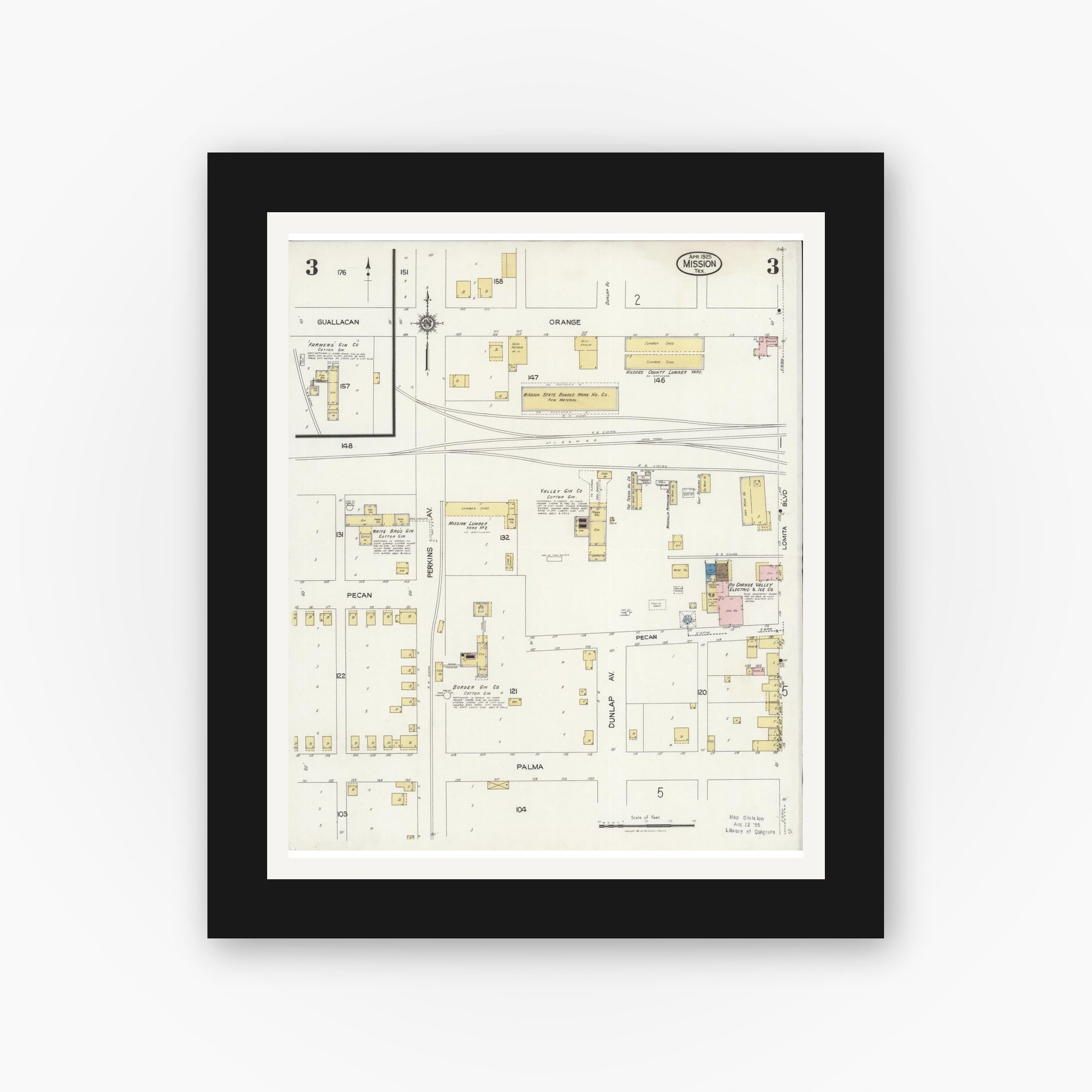 Old map wall art mockup — black gallery frame with white mat — Sanborn Fire Insurance Map from Mission, Hidalgo County, Texas (1925), Sheet #0003