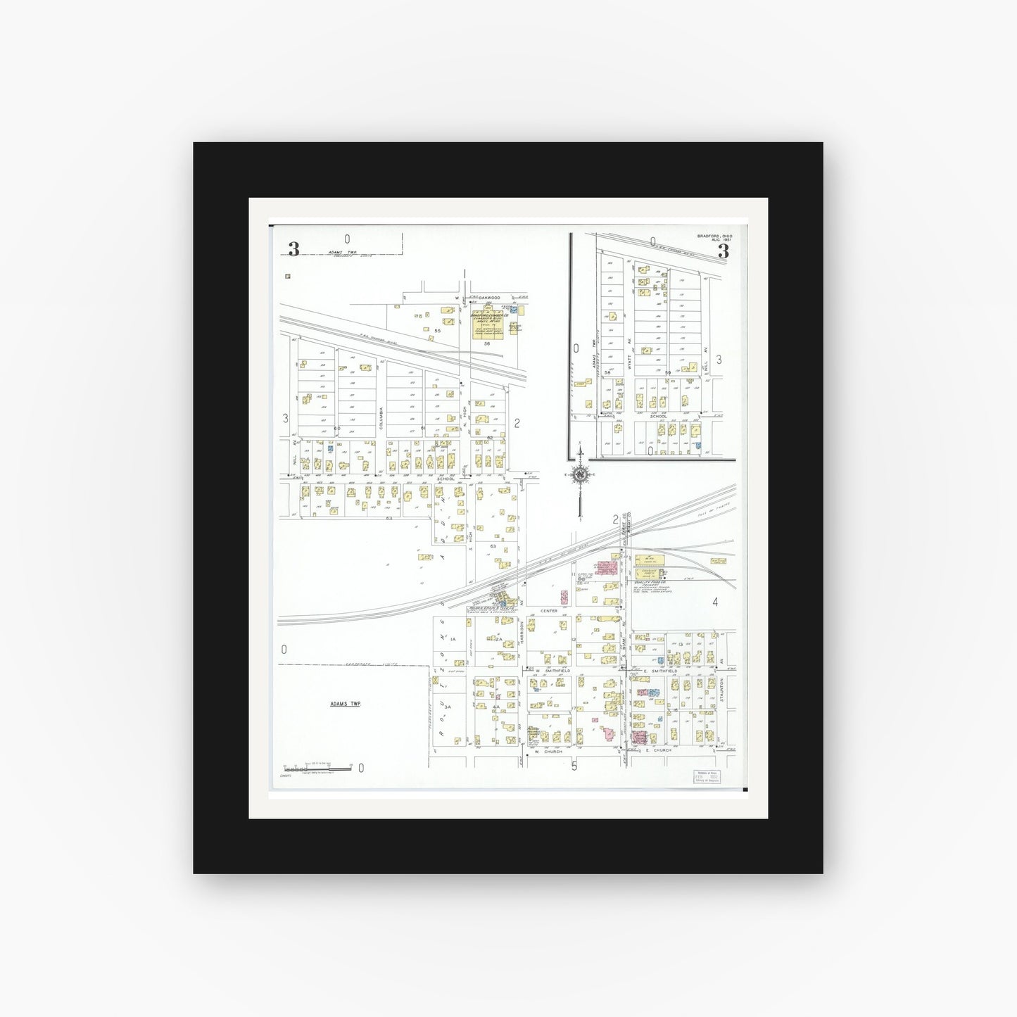 Old map wall art mockup — black gallery frame with white mat — Sanborn Fire Insurance Map from Bradford, Darke and Miami Counties, Ohio (1951), Sheet #0003