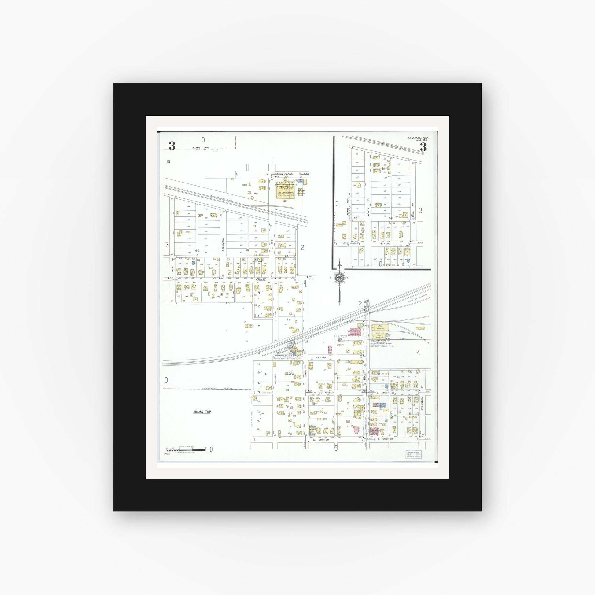 Old map wall art mockup — black gallery frame with white mat — Sanborn Fire Insurance Map from Bradford, Darke and Miami Counties, Ohio (1951), Sheet #0003