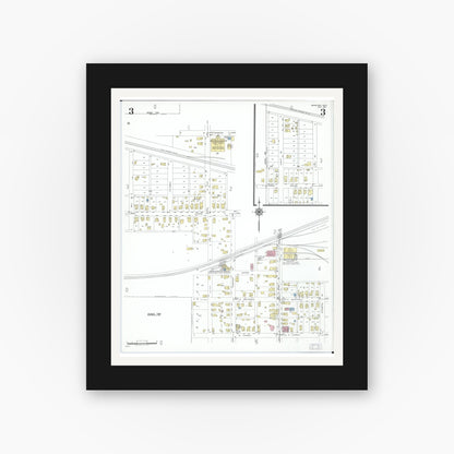 Old map wall art mockup — black gallery frame with white mat — Sanborn Fire Insurance Map from Bradford, Darke and Miami Counties, Ohio (1951), Sheet #0003