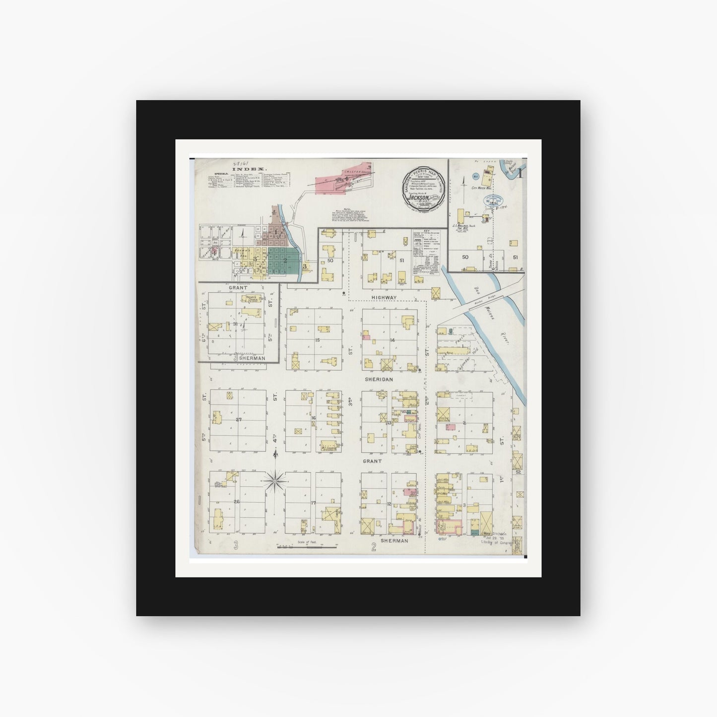 Old map wall art mockup — black gallery frame with white mat — Sanborn Fire Insurance Map from Jackson, Jackson County, Minnesota (1894) - Complete Map Set