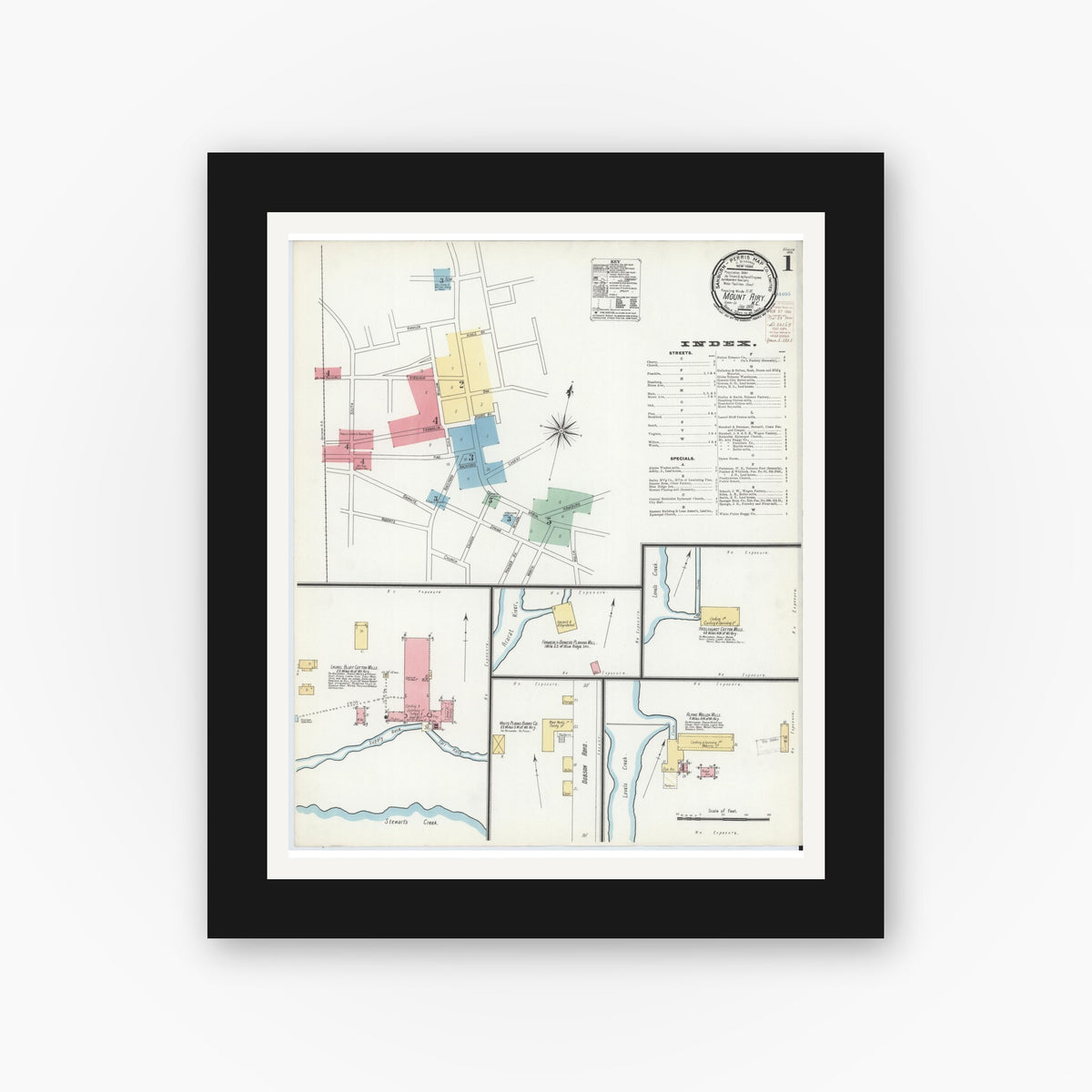 Old map wall art mockup — black gallery frame with white mat — Sanborn Fire Insurance Map from Mount Airy, Surry County, North Carolina (1900), Sheet #0001