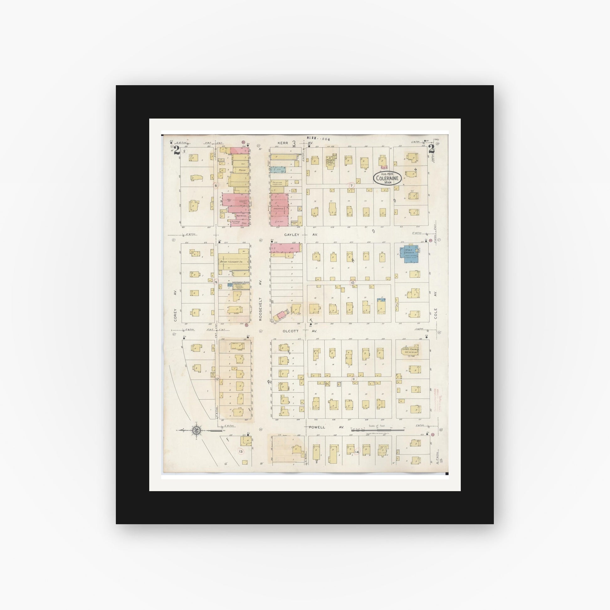 Old map wall art mockup — black gallery frame with white mat — Sanborn Fire Insurance Map from Coleraine, Itasca County, Minnesota (1944), Sheet #0002
