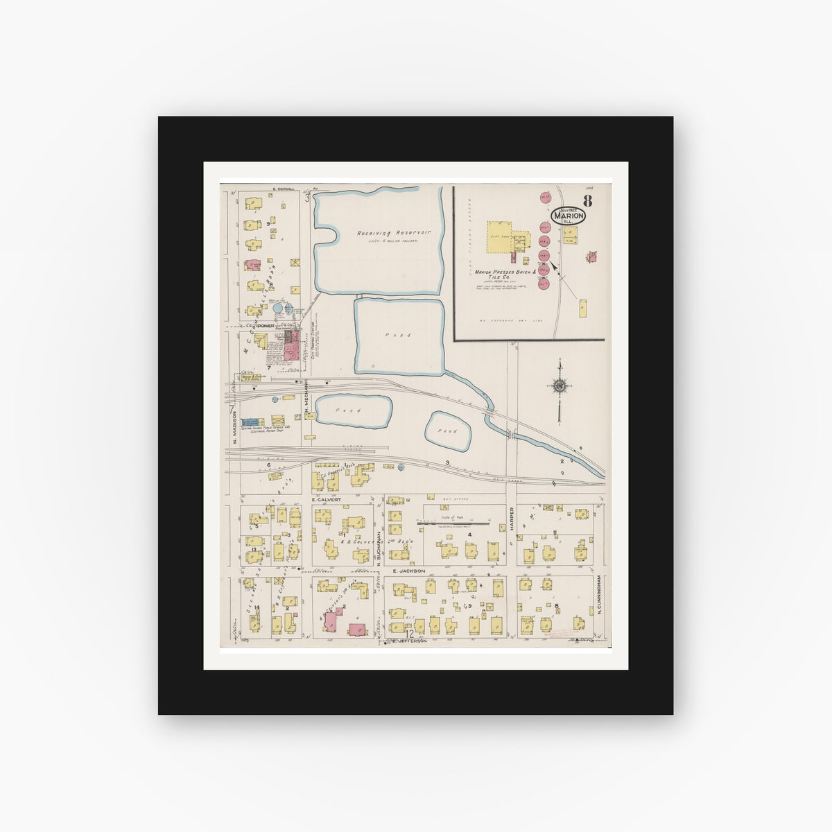 Old map wall art mockup — black gallery frame with white mat — Sanborn Fire Insurance Map from Marion, Williamson County, Illinois (1922), Sheet #0008