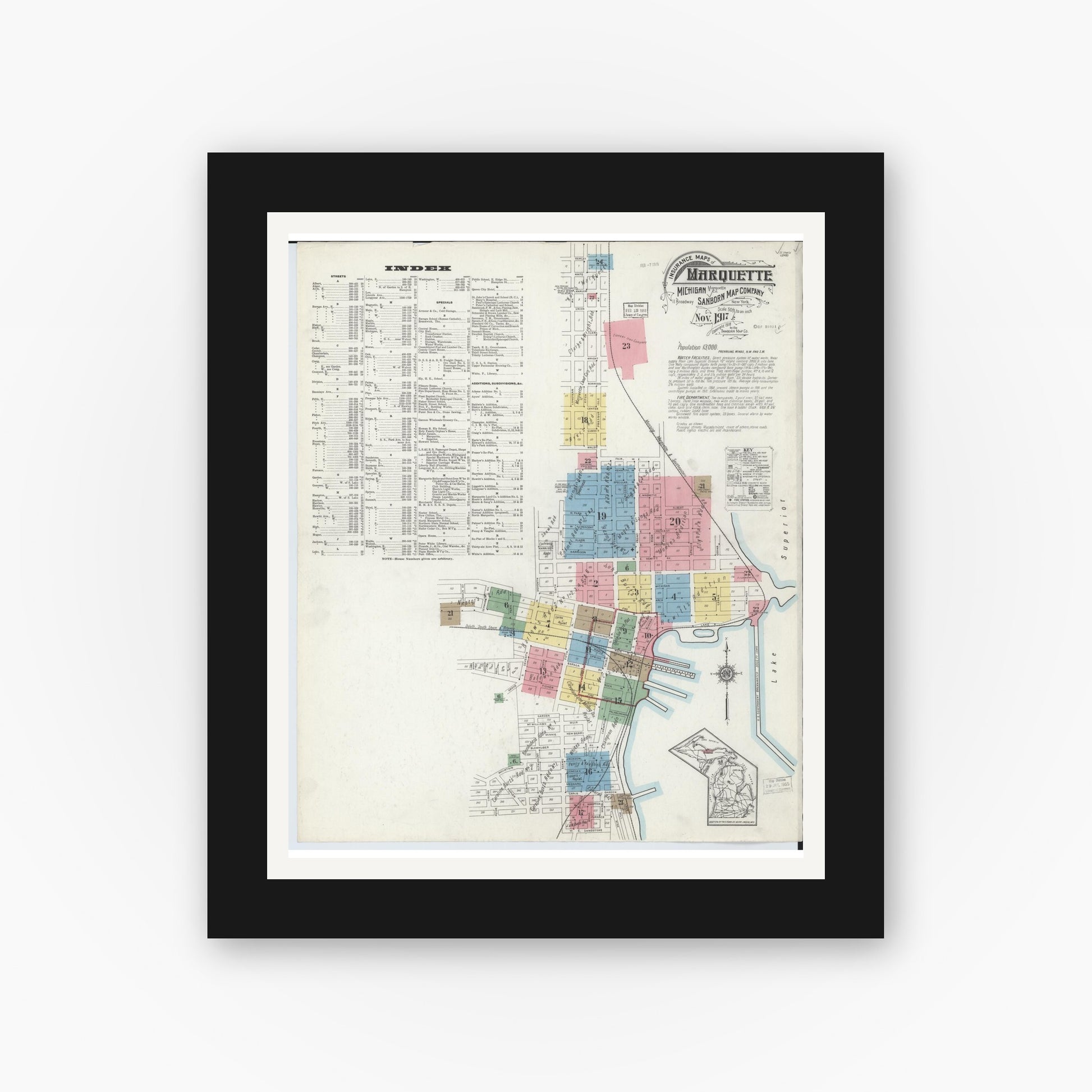 Old map wall art mockup — black gallery frame with white mat — Sanborn Fire Insurance Map from Marquette, Marquette County, Michigan (1917) - Complete Map Set