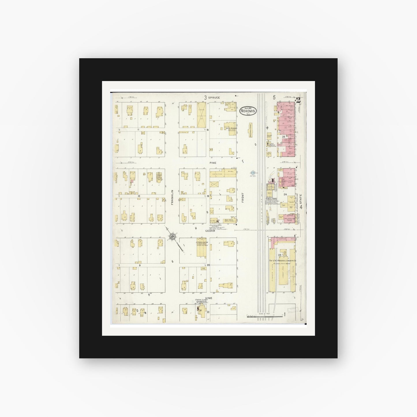 Old map wall art mockup — black gallery frame with white mat — Sanborn Fire Insurance Map from Nokomis, Montgomery County, Illinois (1912), Sheet #0002