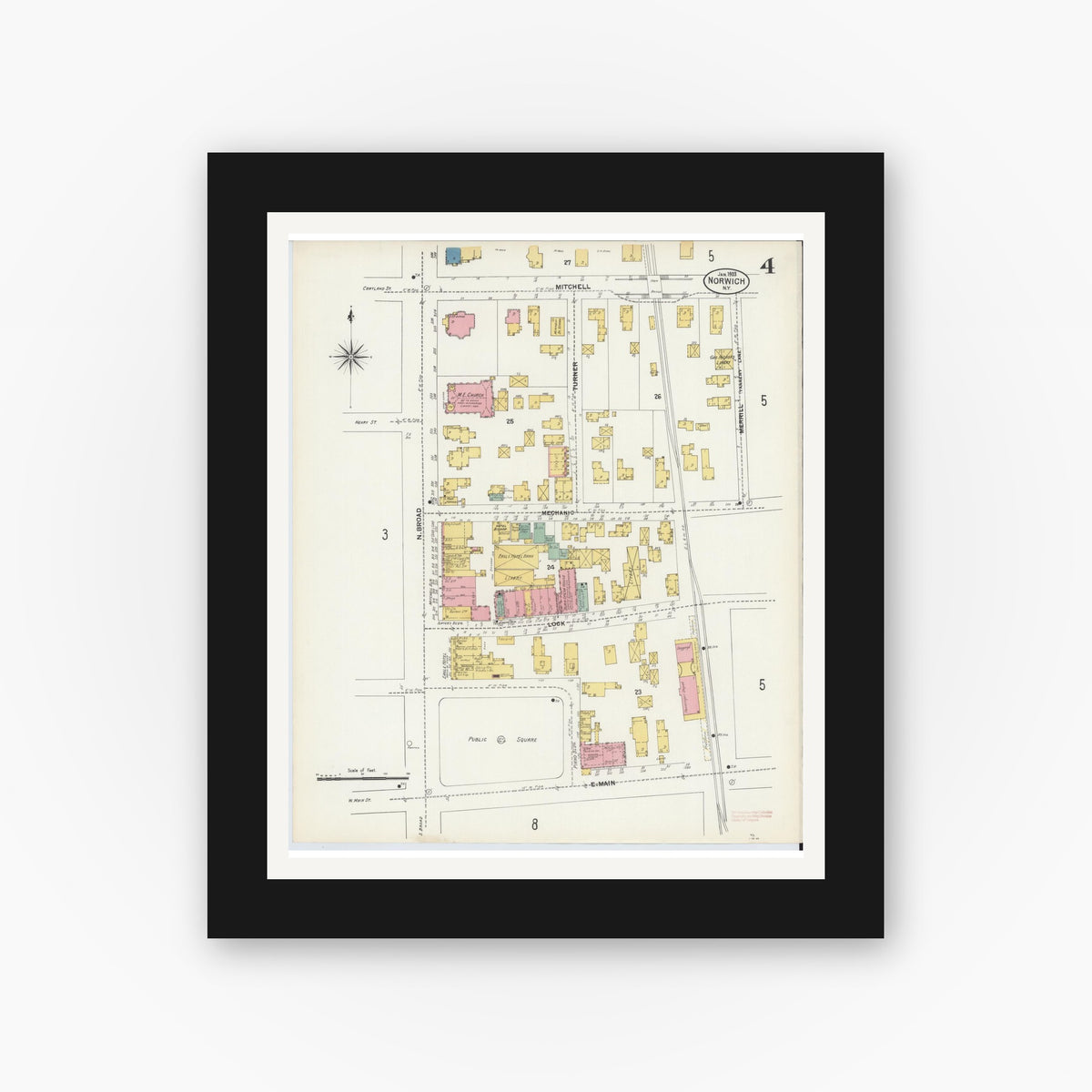 Old map wall art mockup — black gallery frame with white mat — Sanborn Fire Insurance Map from Norwich, Chenango County, New York (1903), Sheet #0004