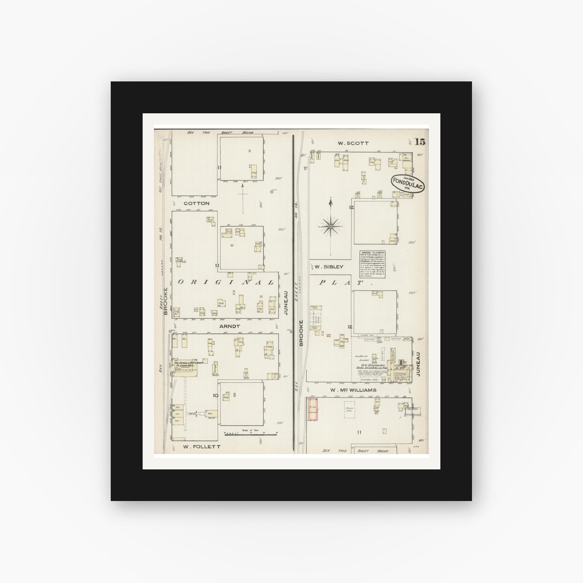 Old map wall art mockup — black gallery frame with white mat — Sanborn Fire Insurance Map from Fond du Lac, Fond du Lac County, Wisconsin (1884), Sheet #0015
