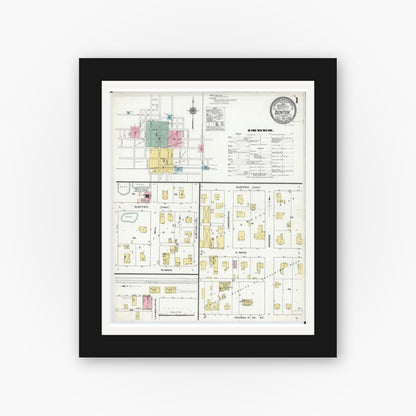 Old map wall art mockup — black gallery frame with white mat — Sanborn Fire Insurance Map from Benton, Franklin County, Illinois (1910), Sheet #0001