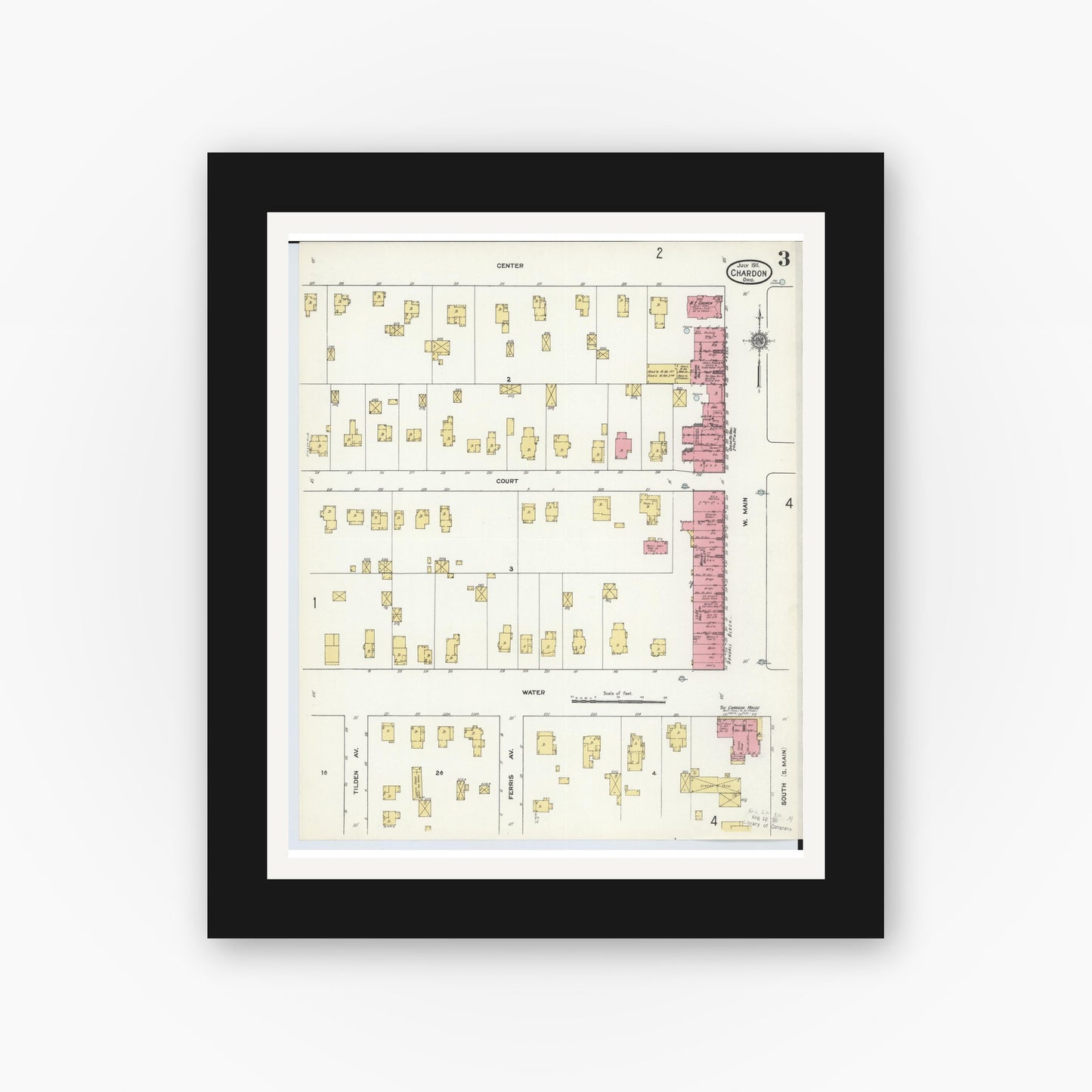 Old map wall art mockup — black gallery frame with white mat — Sanborn Fire Insurance Map from Chardon, Geauga County, Ohio (1911), Sheet #0003