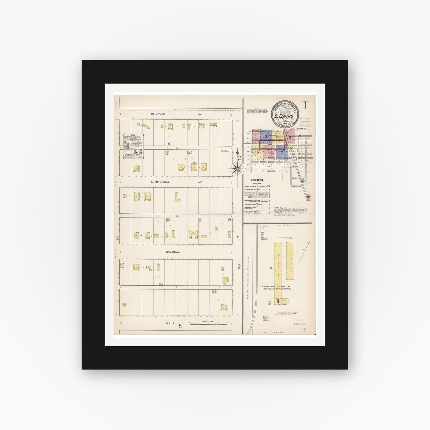 Old map wall art mockup — black gallery frame with white mat — Sanborn Fire Insurance Map from El Centro, Imperial County, California (1910) - Complete Map Set