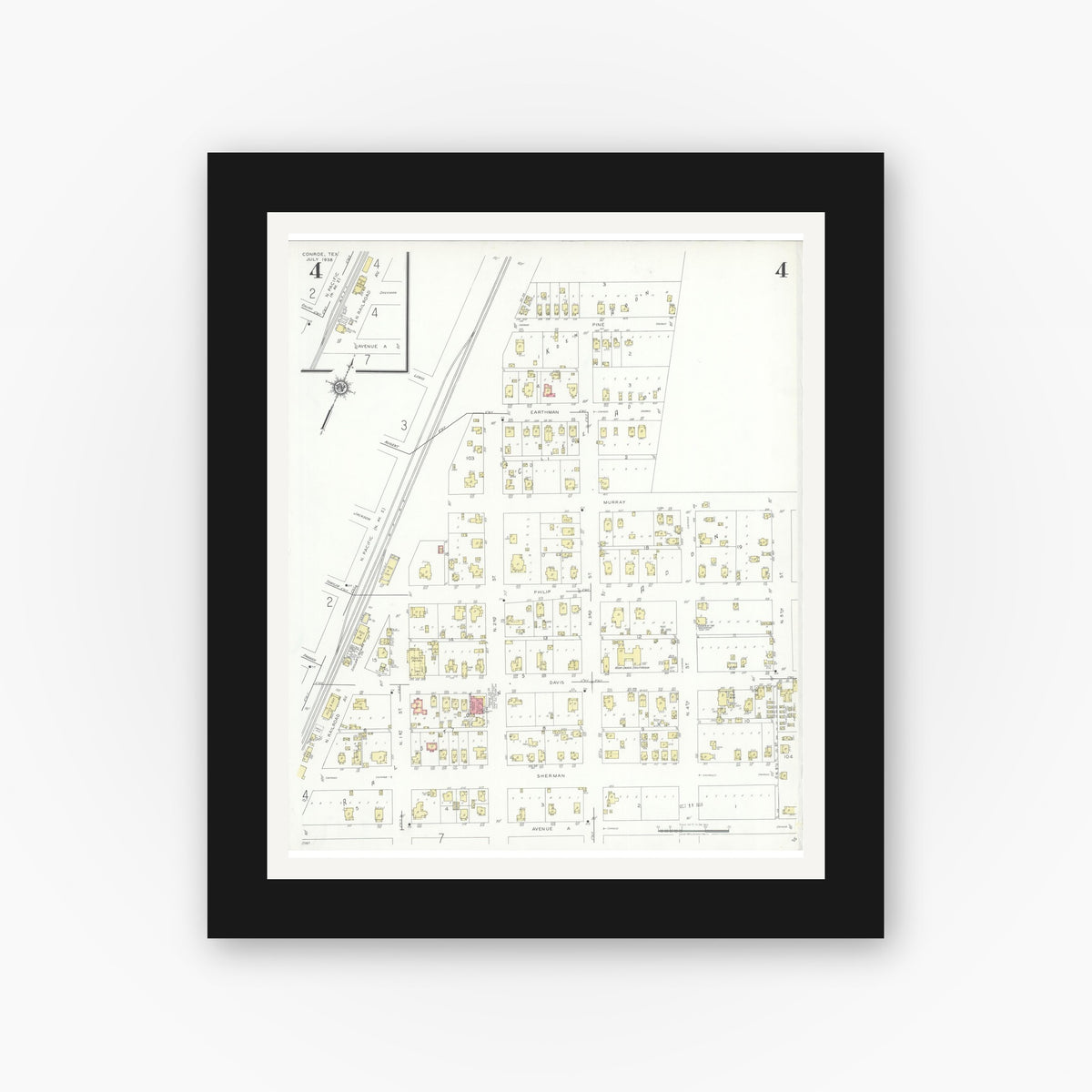 Old map wall art mockup — black gallery frame with white mat — Sanborn Fire Insurance Map from Conroe, Montgomery County, Texas (1938), Sheet #0004