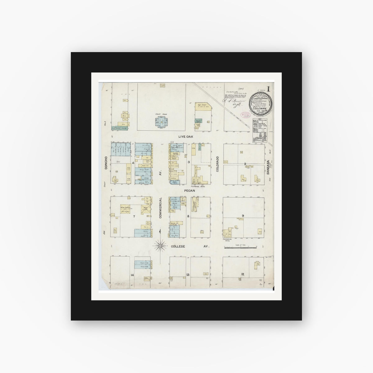 Old map wall art mockup — black gallery frame with white mat — Sanborn Fire Insurance Map from Coleman, Coleman County, Texas (1888), Sheet #0001