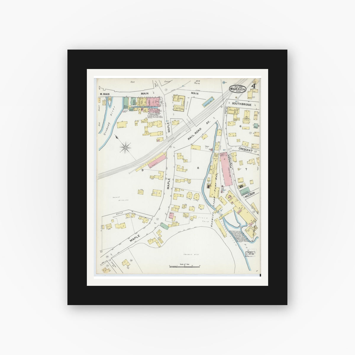 Old map wall art mockup — black gallery frame with white mat — Sanborn Fire Insurance Map from Warren, Worcester County, Massachusetts (1892), Sheet #0004