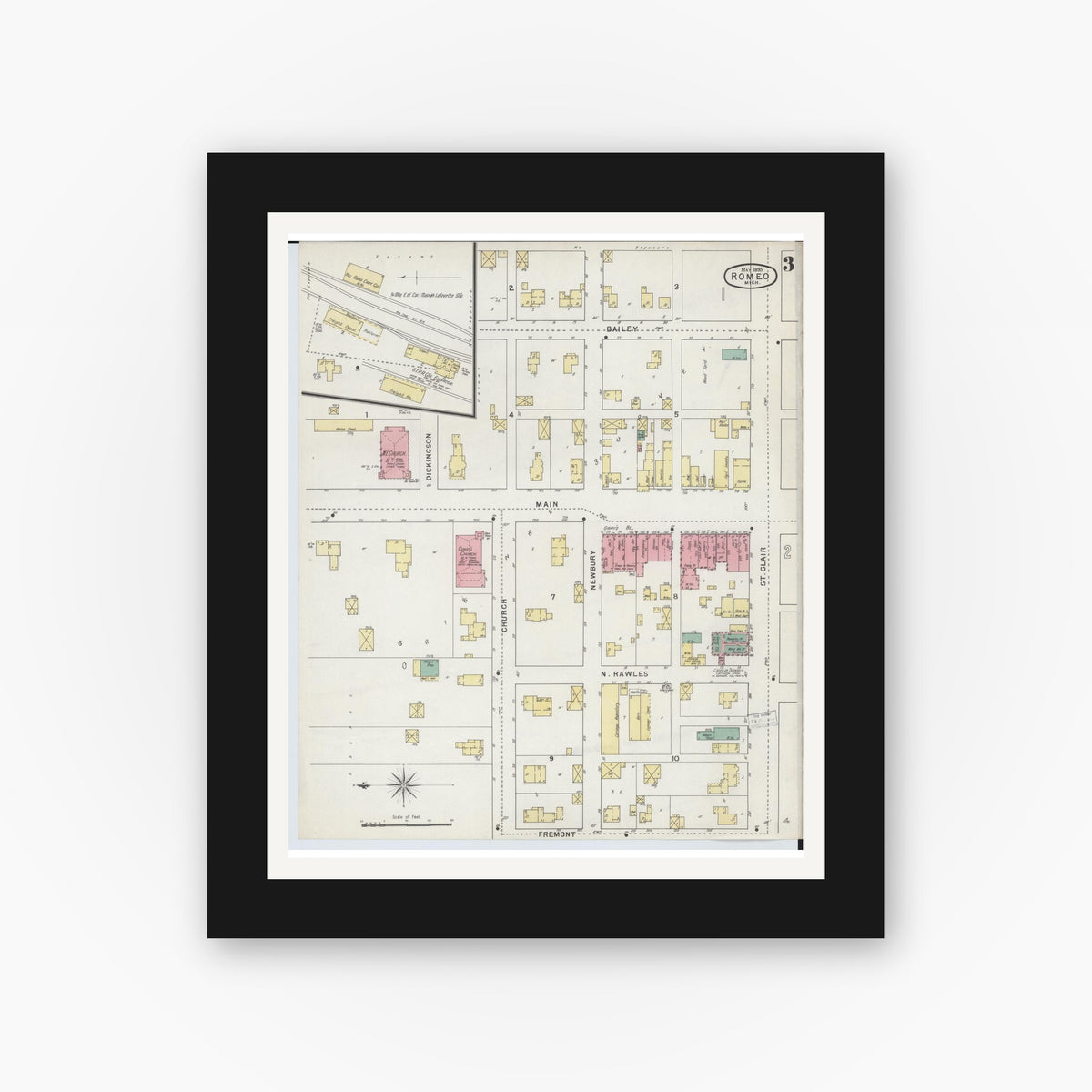 Old map wall art mockup — black gallery frame with white mat — Sanborn Fire Insurance Map from Romeo, Macomb County, Michigan (1895), Sheet #0003