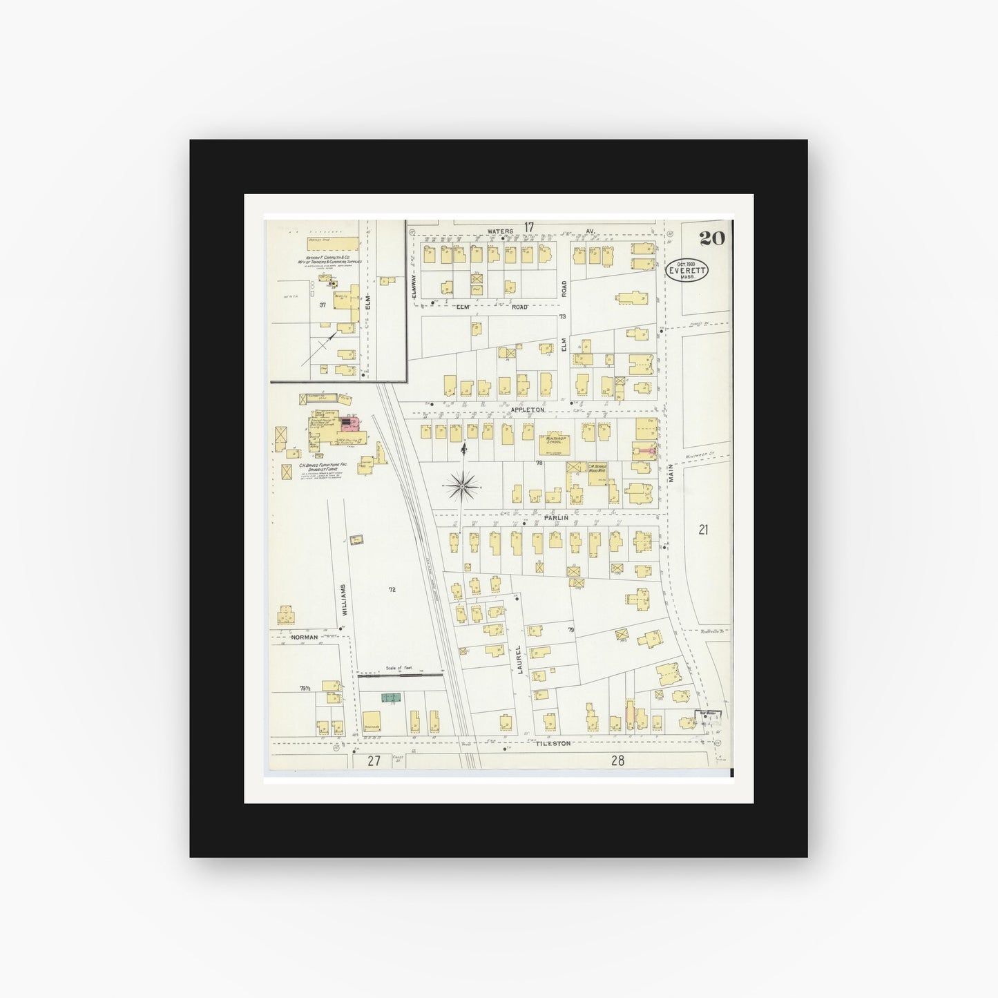 Old map wall art mockup — black gallery frame with white mat — Sanborn Fire Insurance Map from Everett, Middlesex County, Massachusetts (1903), Sheet #0020