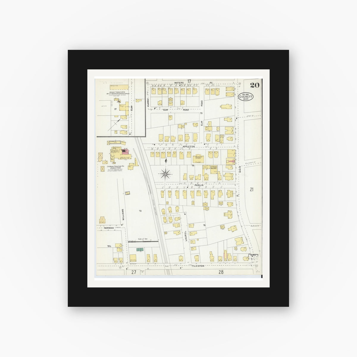 Old map wall art mockup — black gallery frame with white mat — Sanborn Fire Insurance Map from Everett, Middlesex County, Massachusetts (1903), Sheet #0020