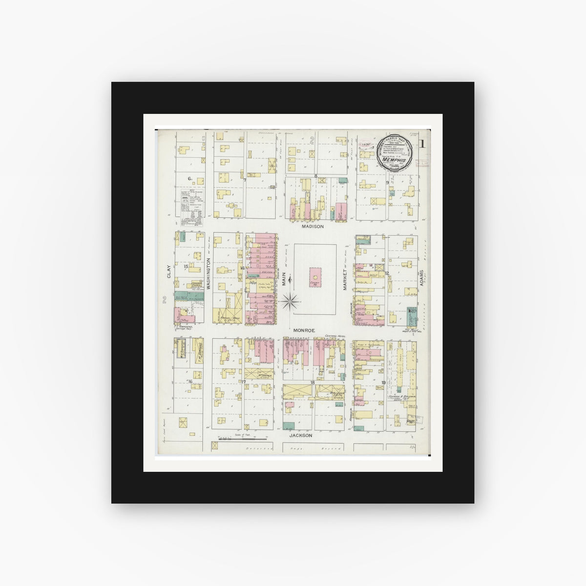 Old map wall art mockup — black gallery frame with white mat — Sanborn Fire Insurance Map from Memphis, Scotland County, Missouri (1893), Sheet #0001