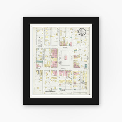 Old map wall art mockup — black gallery frame with white mat — Sanborn Fire Insurance Map from Memphis, Scotland County, Missouri (1893), Sheet #0001