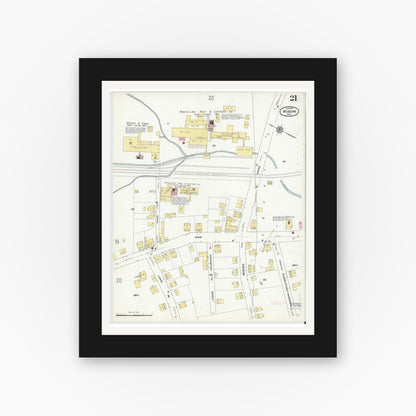 Old map wall art mockup — black gallery frame with white mat — Sanborn Fire Insurance Map from Woburn, Middlesex County, Massachusetts (1910), Sheet #0021