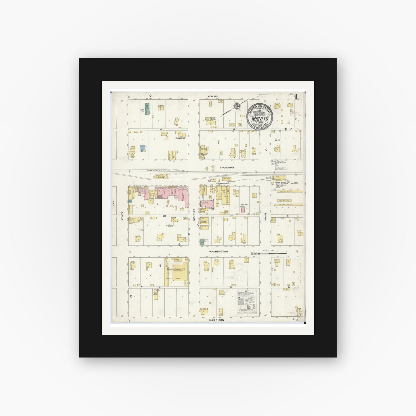 Old map wall art mockup — black gallery frame with white mat — Sanborn Fire Insurance Map from Manito, Mason County, Illinois (1909) - Complete Map Set