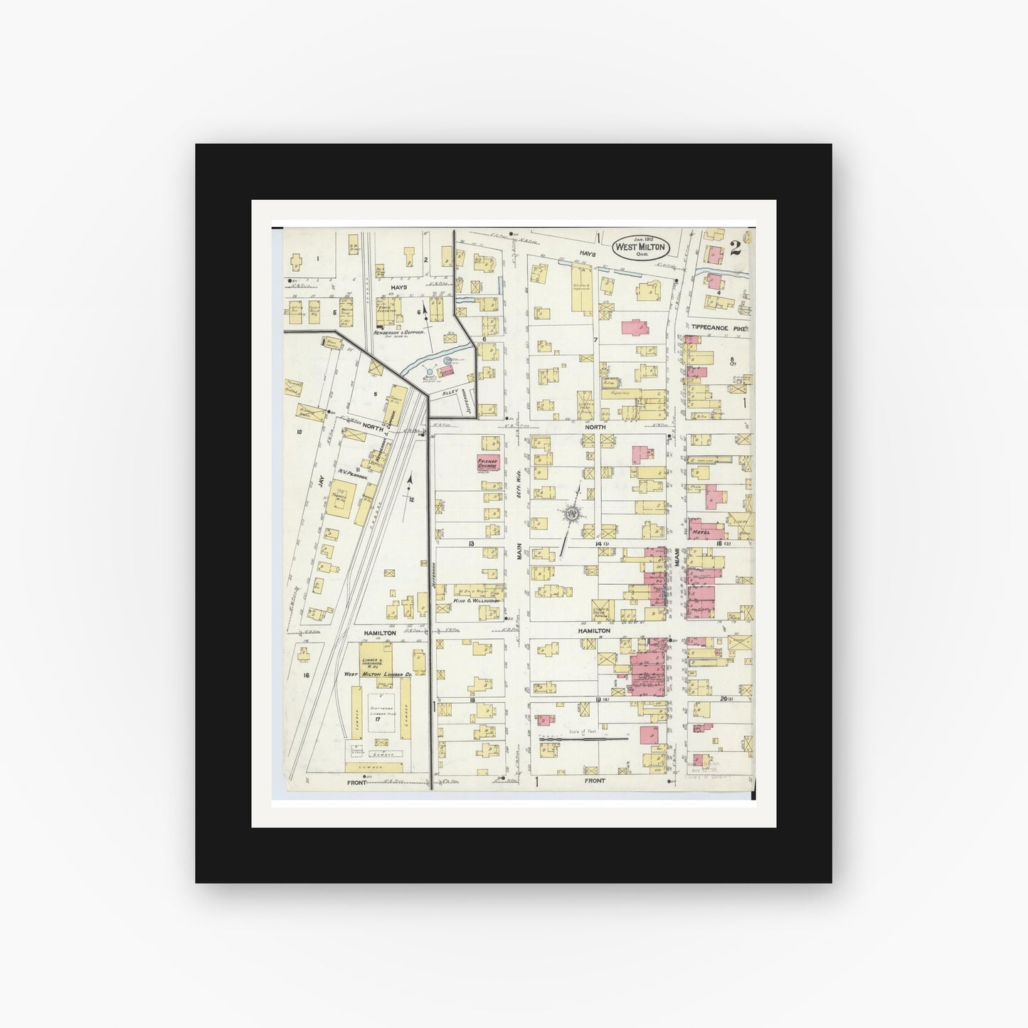 Old map wall art mockup — black gallery frame with white mat — Sanborn Fire Insurance Map from West Milton, Miami County, Ohio (1912), Sheet #0002