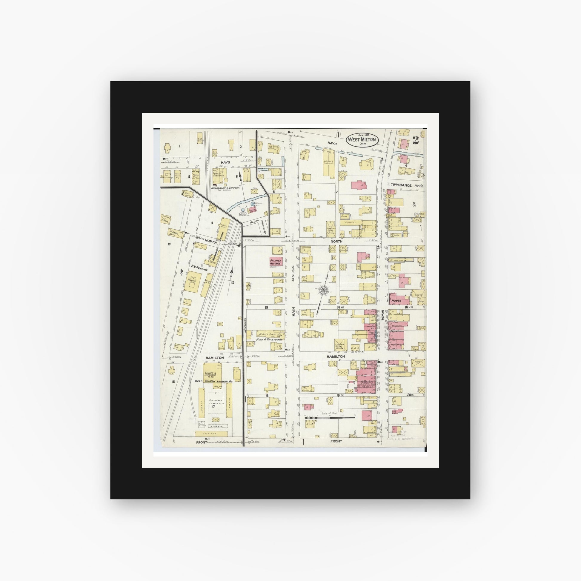 Old map wall art mockup — black gallery frame with white mat — Sanborn Fire Insurance Map from West Milton, Miami County, Ohio (1912), Sheet #0002