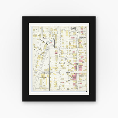 Old map wall art mockup — black gallery frame with white mat — Sanborn Fire Insurance Map from West Milton, Miami County, Ohio (1912), Sheet #0002
