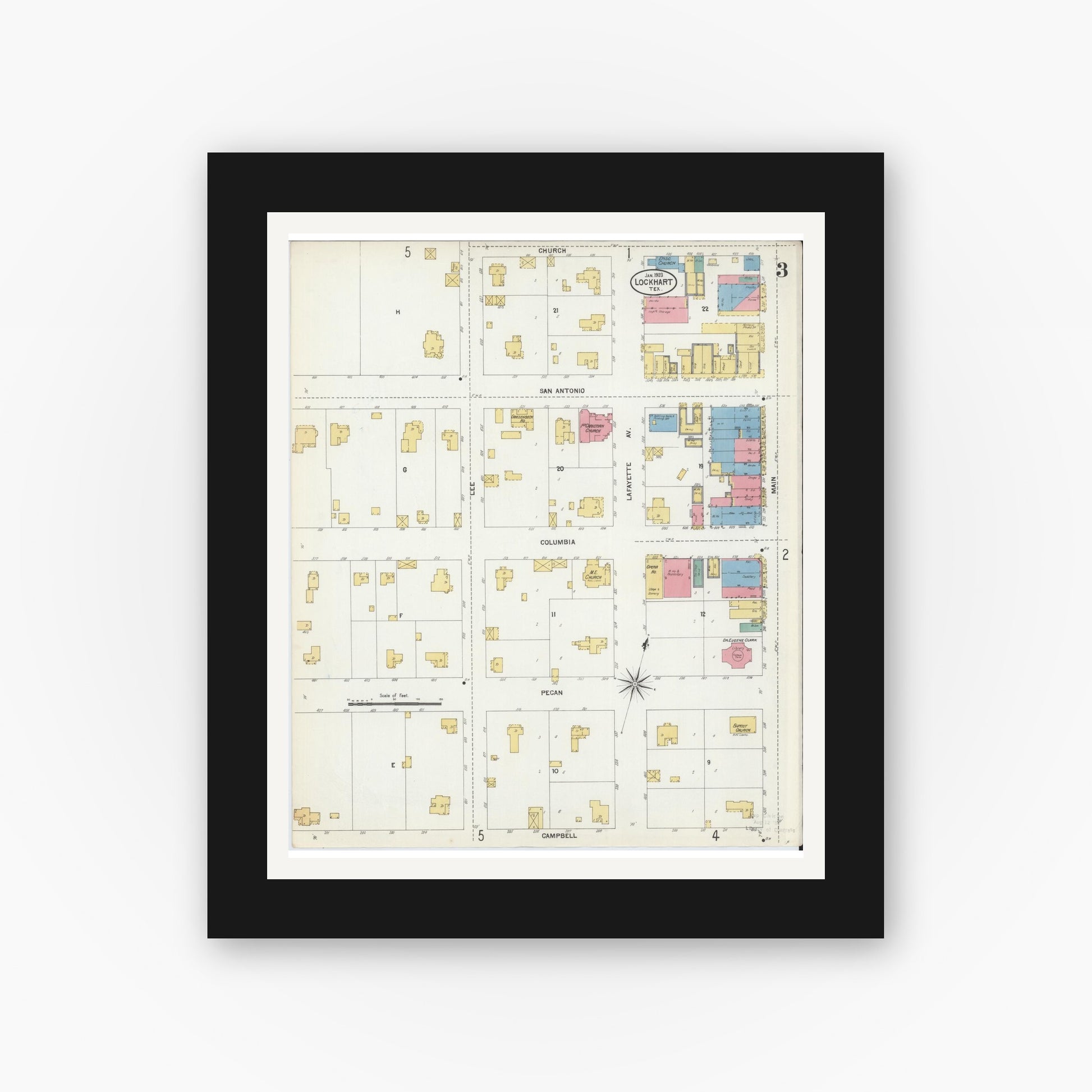 Old map wall art mockup — black gallery frame with white mat — Sanborn Fire Insurance Map from Lockhart, Caldwell County, Texas (1903), Sheet #0003