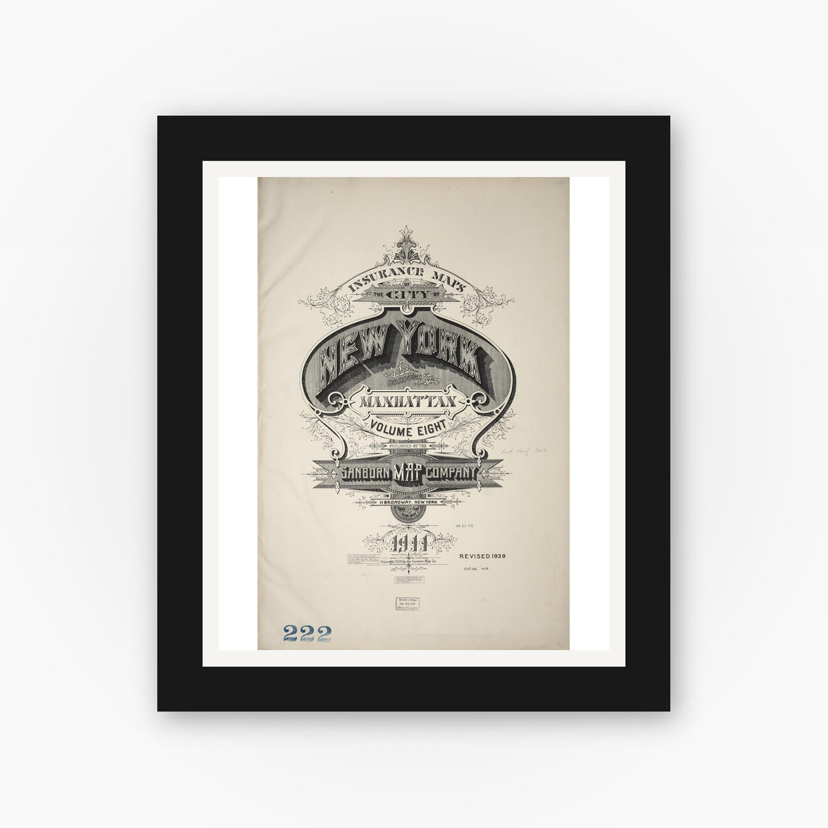 Old map wall art mockup — black gallery frame with white mat — Sanborn Fire Insurance Map from New York, Bronx, Manhattan, New York (1939), Sheet #0001