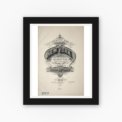 Old map wall art mockup — black gallery frame with white mat — Sanborn Fire Insurance Map from New York, Bronx, Manhattan, New York (1939), Sheet #0001