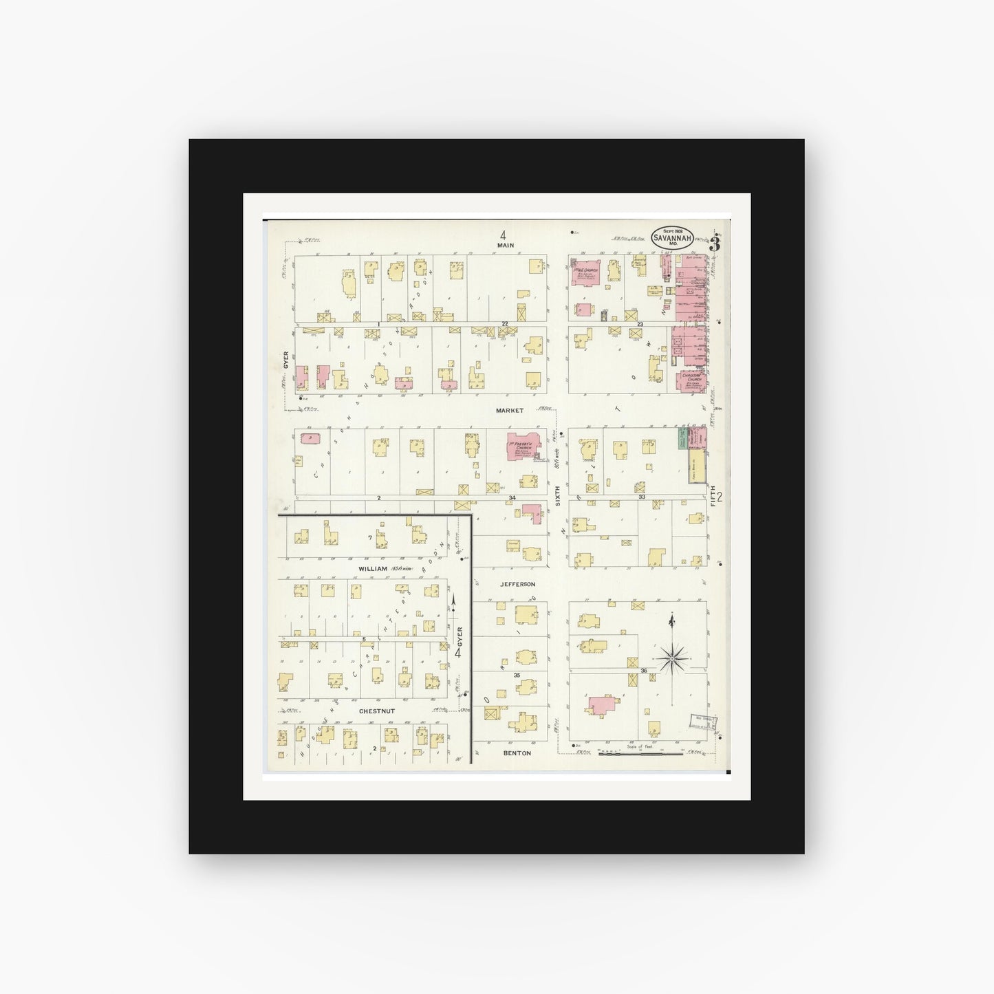 Old map wall art mockup — black gallery frame with white mat — Sanborn Fire Insurance Map from Savannah, Andrew County, Missouri (1908), Sheet #0003