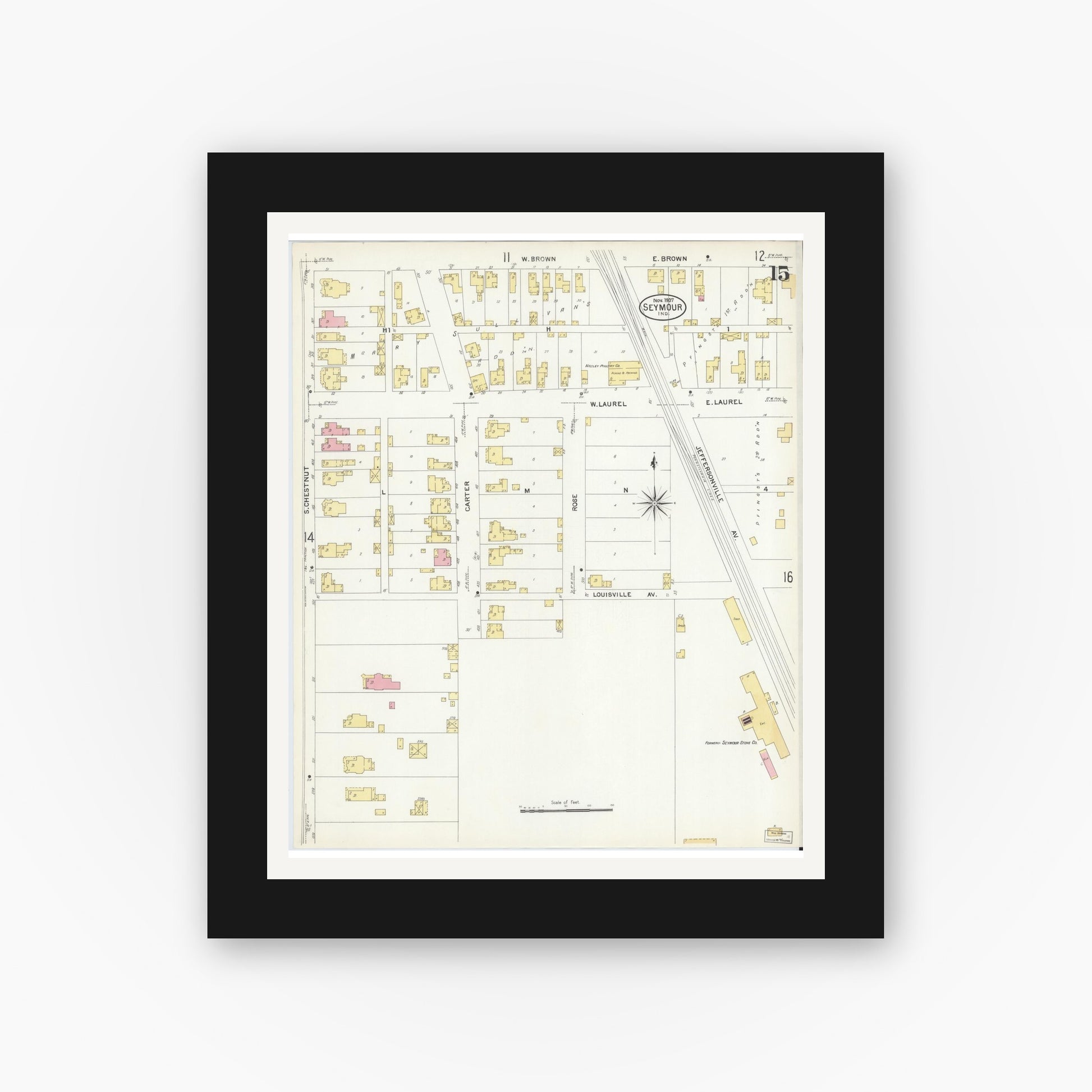 Old map wall art mockup — black gallery frame with white mat — Sanborn Fire Insurance Map from Seymour, Jackson County, Indiana (1907), Sheet #0015