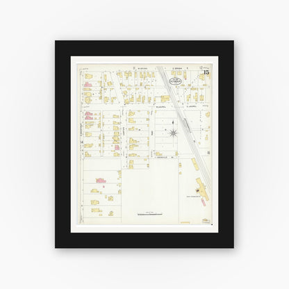 Old map wall art mockup — black gallery frame with white mat — Sanborn Fire Insurance Map from Seymour, Jackson County, Indiana (1907), Sheet #0015