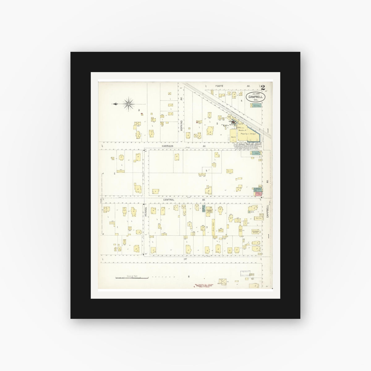 Old map wall art mockup — black gallery frame with white mat — Sanborn Fire Insurance Map from Campbell, Santa Clara County, California (1899), Sheet #0002
