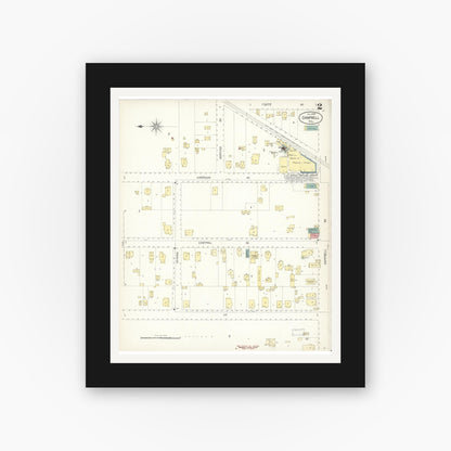 Old map wall art mockup — black gallery frame with white mat — Sanborn Fire Insurance Map from Campbell, Santa Clara County, California (1899), Sheet #0002