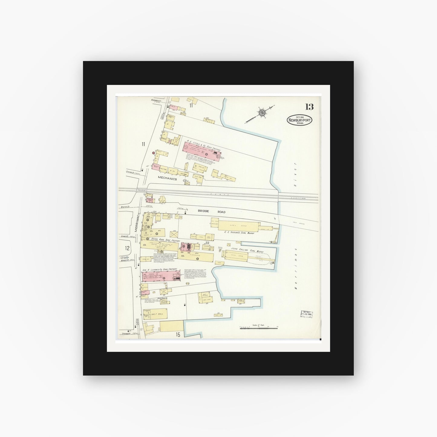 Old map wall art mockup — black gallery frame with white mat — Sanborn Fire Insurance Map from Newburyport, Essex County, Massachusetts (1914), Sheet #0013