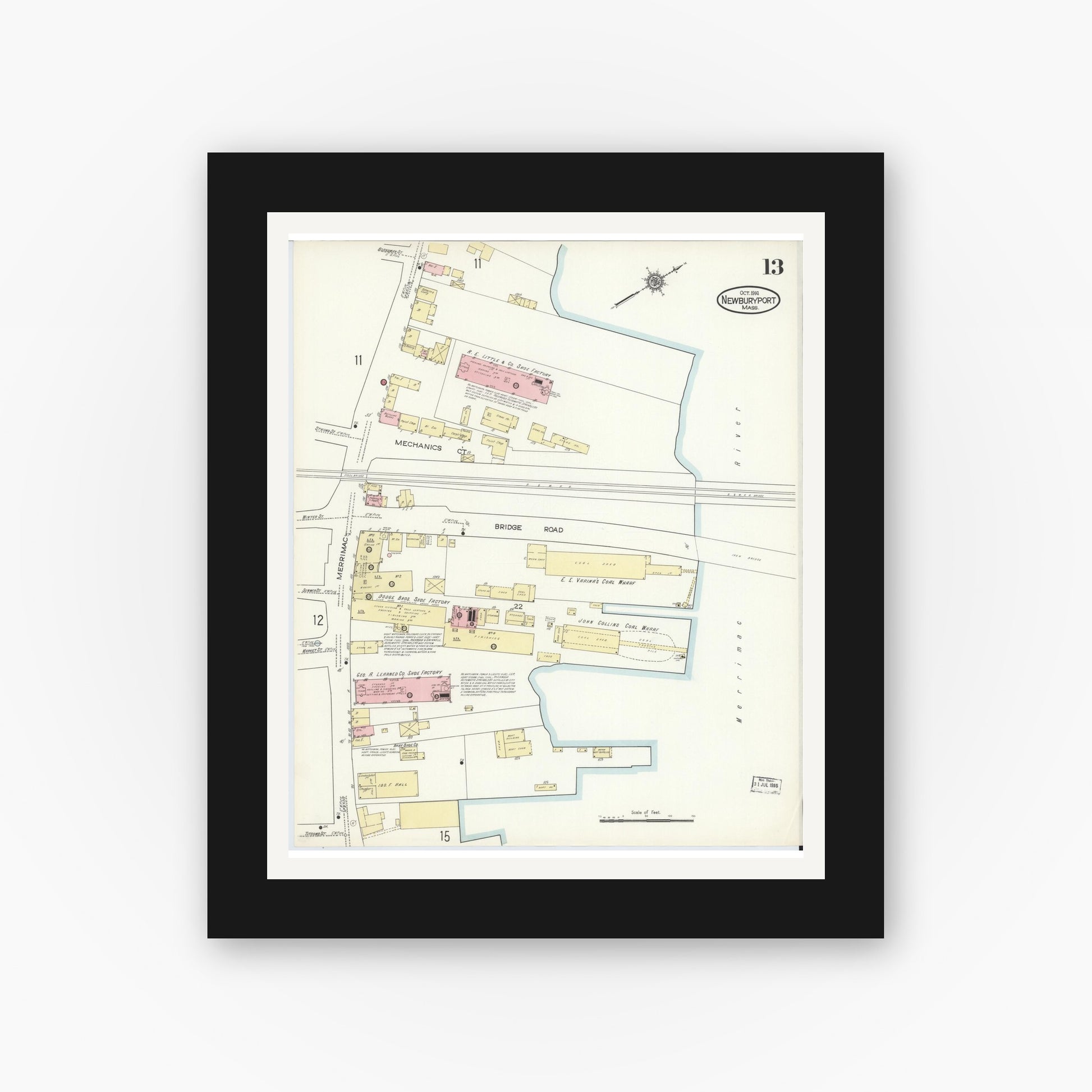 Old map wall art mockup — black gallery frame with white mat — Sanborn Fire Insurance Map from Newburyport, Essex County, Massachusetts (1914), Sheet #0013