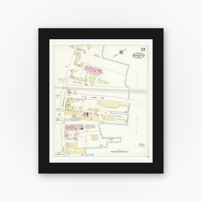 Old map wall art mockup — black gallery frame with white mat — Sanborn Fire Insurance Map from Newburyport, Essex County, Massachusetts (1914), Sheet #0013