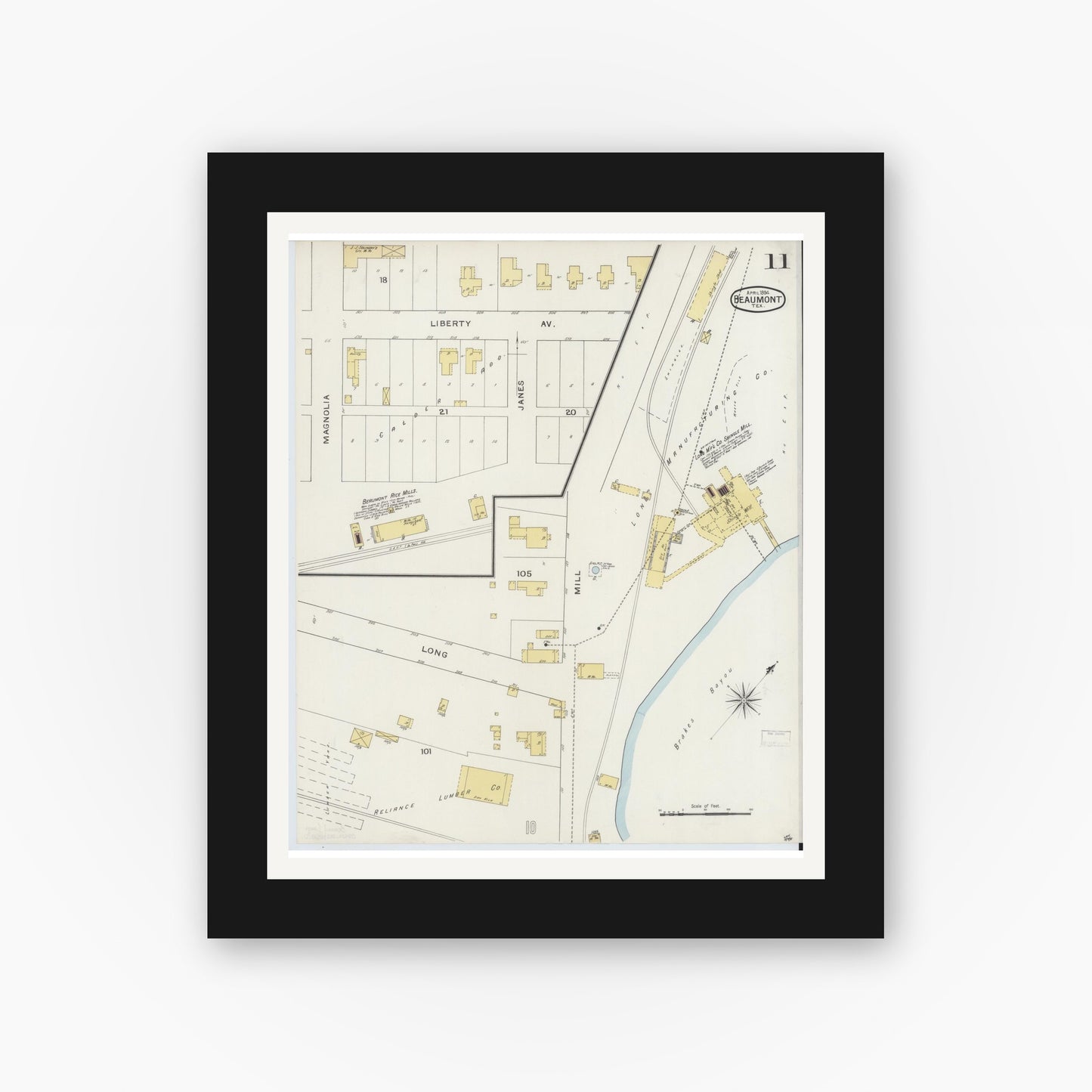 Old map wall art mockup — black gallery frame with white mat — Sanborn Fire Insurance Map from Beaumont, Jefferson County, Texas (1894), Sheet #0011