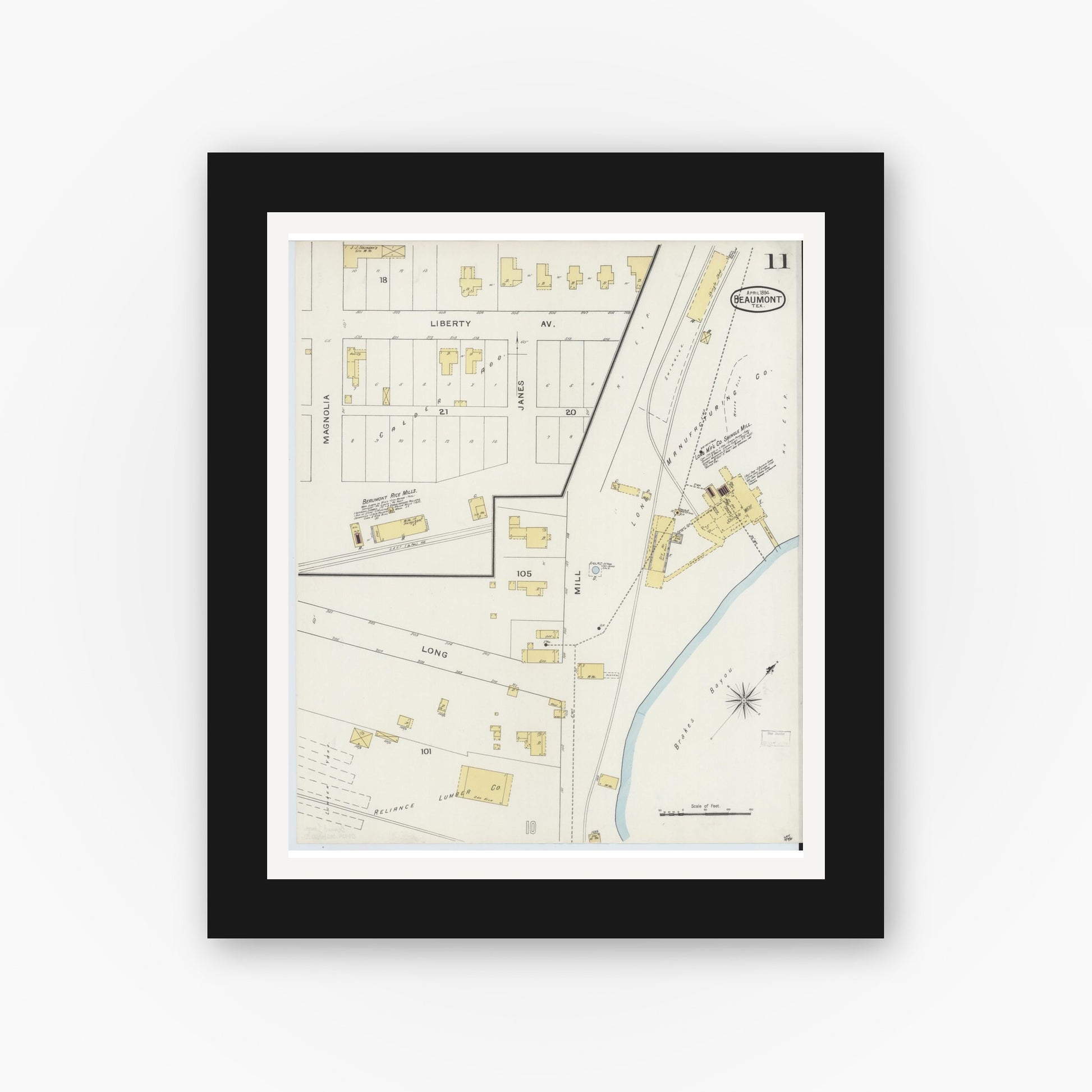Old map wall art mockup — black gallery frame with white mat — Sanborn Fire Insurance Map from Beaumont, Jefferson County, Texas (1894), Sheet #0011